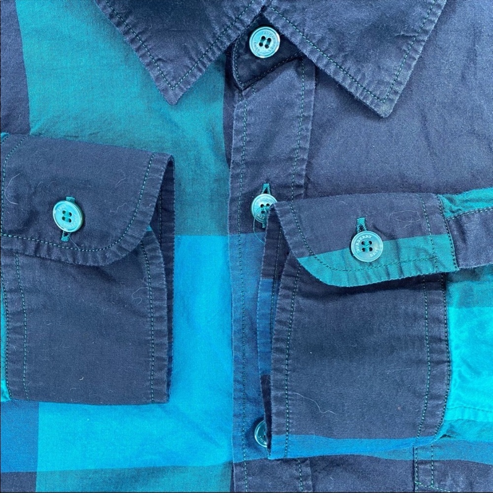 Burberry Brit Plaid Checkered Pattern Button Up Down Dress Shirt Small Blue Gree - Picture 5 of 7